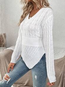 SHEIN LUNE Áo len dệt kim xoắn viền bất đối xứng cổ chữ V - trắng - Xem 5