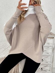 SHEIN LUNE Turtleneck Asymmetrical Hem Batwing Sleeve Sweater - Khaki - View 5