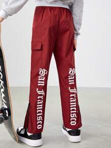 SHEIN Boys' Casual Zippered Hem Pants With Letter Print Pattern