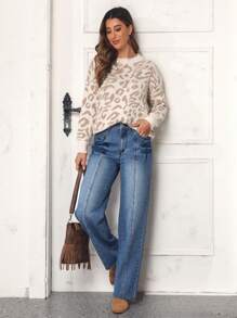 SHEIN LUNE High Waist Straight Leg Jeans - Blue - View 1