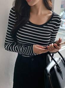 Dazy Star Sọc Vòng cổ Của phụ nữ Áo thun - Đen và trắng - Xem 1