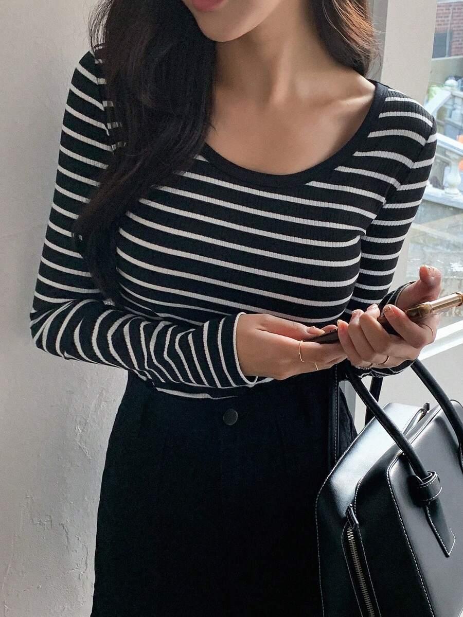 Dazy Star Sọc Vòng cổ Của phụ nữ Áo thun - Đen và trắng - Xem 1