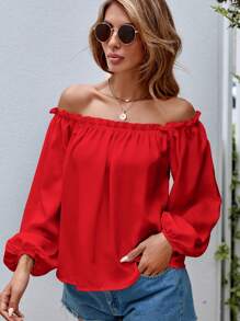 SHEIN VCAY Off Shoulder Lá sen tỉa Tay áo lồng đèn Áo sơ mi - Đỏ - Xem 2