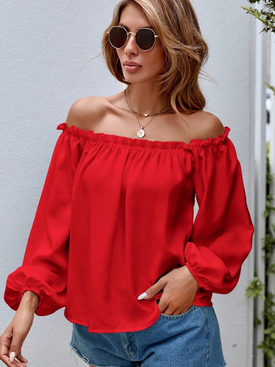SHEIN VCAY Off Shoulder Lá sen tỉa Tay áo lồng đèn Áo sơ mi