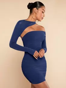SHEIN BAE 不對稱領褶邊緊身洋裝 - 藏蓝色 - View 4
