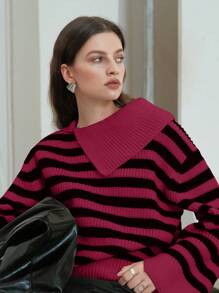 Anewsta 女士条纹不对称领口针织套头衫秋冬毛衣 - 紅色 - 查看 7