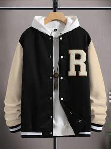 Aesthetic Post Chaqueta De Béisbol Para Hombres Con Ajuste Holgado Y Parche De Letra En Contraste De Color - Albaricoque - Ver 2