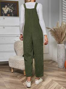 SHEIN LUNE 雙口袋前紐扣燈芯絨背帶連身褲不帶T恤 - 軍綠色 - 查看 2