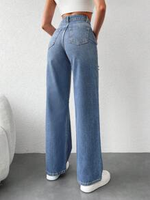 SHEIN Cottnline High Waist Straight-leg Jeans With Ripped Details - Light Wash - View 2