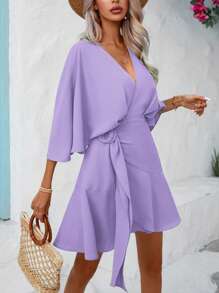 Breezaya V領飄飄袖連結側的連身裙 - 淡紫色 - 查看 1