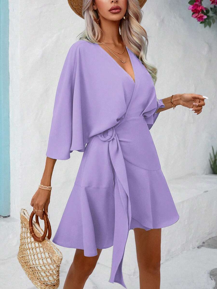 Breezaya V領飄飄袖連結側的連身裙 - 淡紫色 - 查看 1