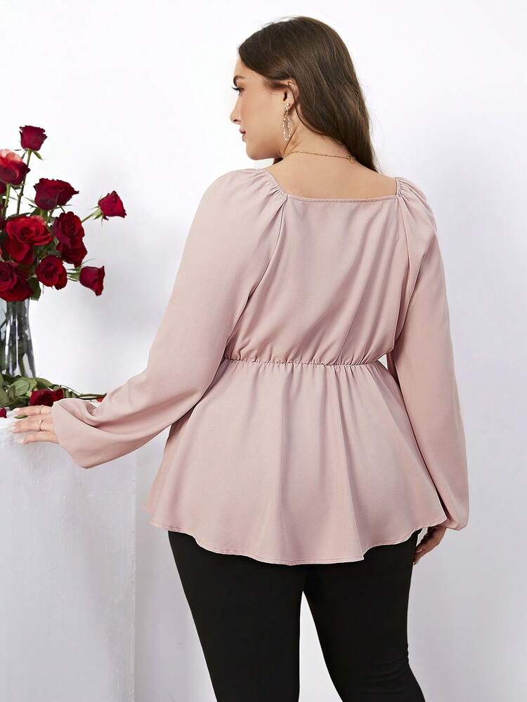 Plus Size Lace Patchwork Long Sleeve Shirt With Drawstring Waist