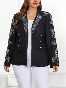 SHEIN Clasi Kích thước lớn In Hình học DOUBLE-BREASTED Áo vest - màu đen - Xem 1