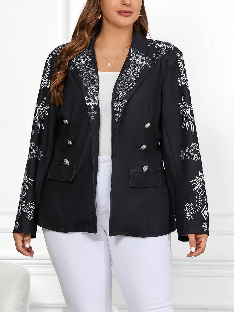 SHEIN Clasi Kích thước lớn In Hình học DOUBLE-BREASTED Áo vest - màu đen - Xem 1