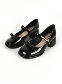 女性方頭瑪麗珍淺口皮鞋帶粗跟和防水防水台