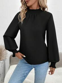 SHEIN Clasi 燈籠袖褶邊領襯衫 - 黑色 - 查看 3