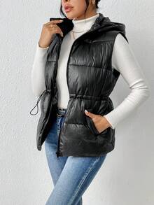 SHEIN Frenchy Women's Drawstring Waist Padded Vest Coat - Black - View 3