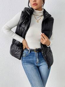 SHEIN Frenchy Women's Drawstring Waist Padded Vest Coat - Black - View 6