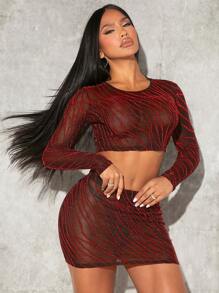 SHEIN SXY Allover Print Crop Mesh Top & Bodycon Skirt - Red - View 1