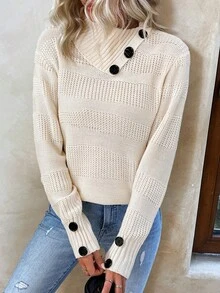 SHEIN LUNE Women's Asymmetrical Neckline Long Sweater - Beige - View 5