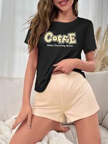 女士短袖睡衣上衣,標語印花設計 - 黑色 - 查看 4