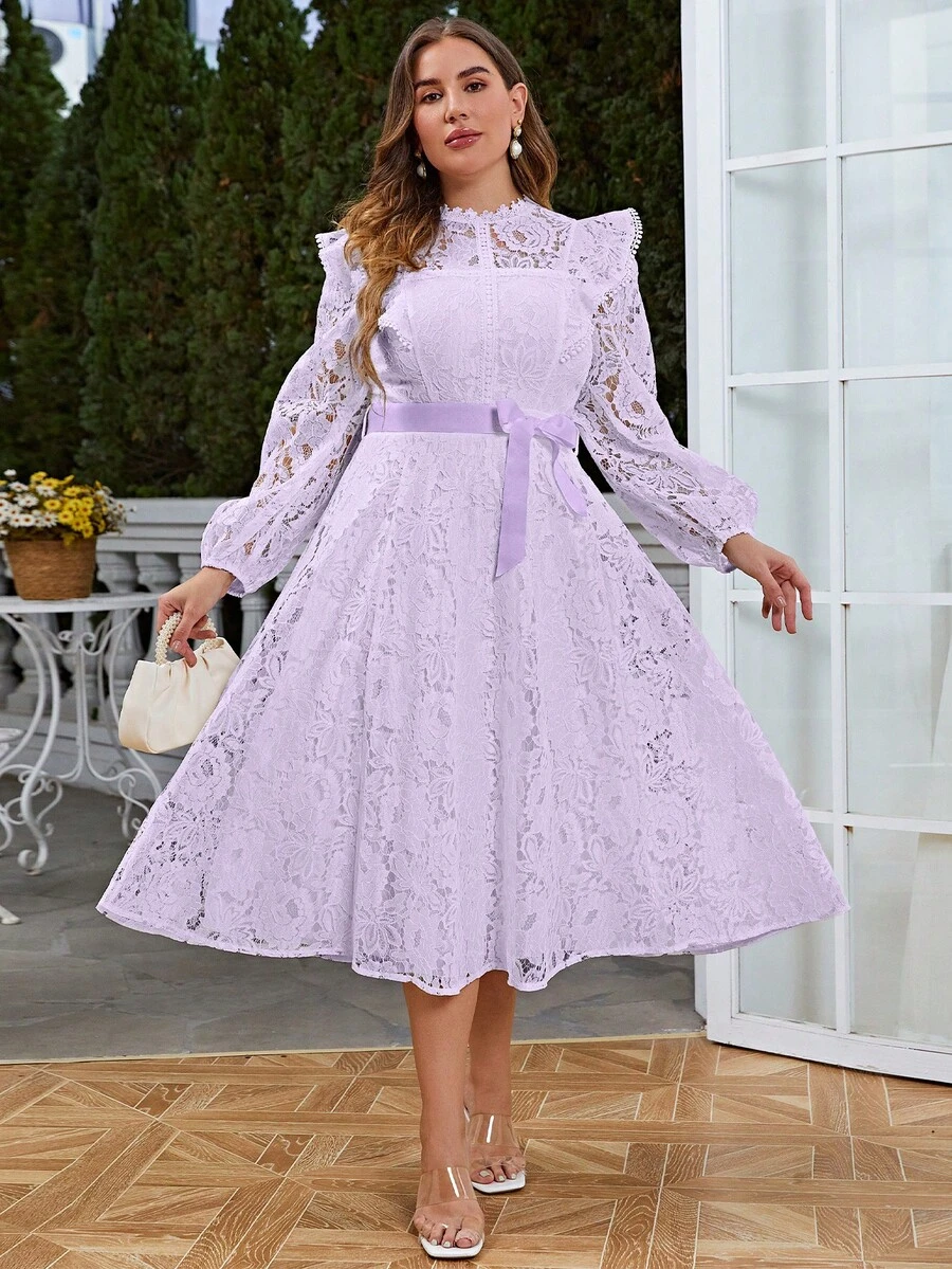 Simplee 大码春夏优雅纯色水溶蕾丝灯笼袖荷叶边连衣裙 - 紫色 - 查看 1