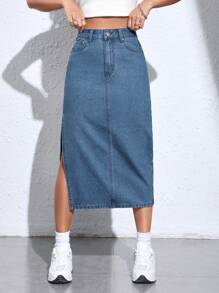 SHEIN PETITE 女士牛仔裙 - 中等水洗藍 - 查看 5