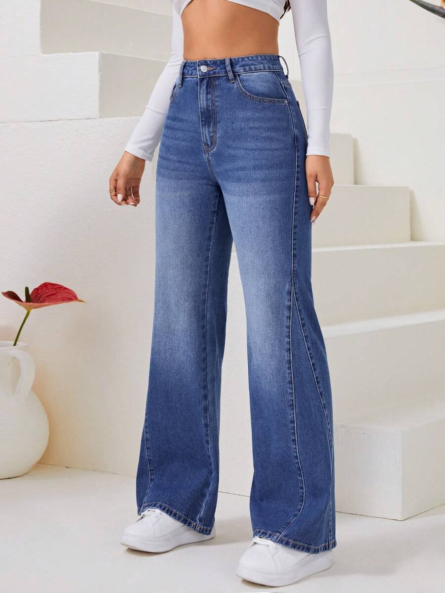 SHEIN Privé 高腰牛仔喇叭褲 - 中等水洗藍 - 查看 1