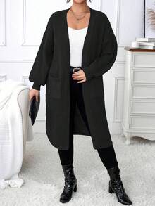 Calvaya Plus Dual Pocket Drop Shoulder Duster Cardigan - Black - View 6