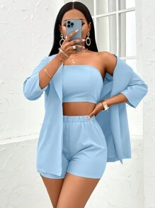 SHEIN Slayr Solid Women's Top And Pants Set - Baby Blue - View 4