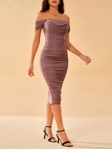 SHEIN Tall 女士露肩褶皺緊身洋裝 - 摩卡棕 - 查看 6