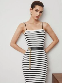 BizChic Sọc Dây đeo Mì Ý  Đồ đan Ribbed Đầm Áo len - Đen và trắng - Xem 6