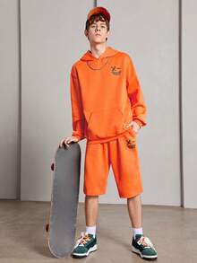 SHEIN 青少年男童休闲纯色印花连帽衫和短裤套装，羊毛加厚 - 橘色 - 查看 2