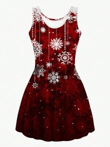 Christmas Snowflake Print A-line Dress - Burgundy - View 3