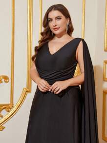 Plus One Shoulder Extra-Long Draped Side Split Thigh Formal Dress - Black - View 3