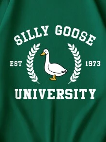 INAWLY Duck & Letter Graphic Thermal Lined Sweatshirt SILLY GOOSE EST 1973 UNIVERSITY - Dark Green - View 3