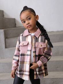 SHEIN 女小童格紋翻蓋口袋落肩袖花呢外套 - 粉色 - 查看 1