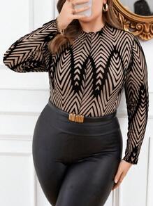 Celure Plus Chevron Print Mock Neck Mesh Top - Multicolor - View 1