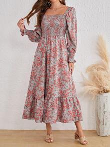 SHEIN VCAY Floral Print Square Neck Ruffle Hem Dress - Grey - View 3