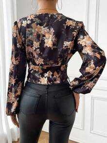 SHEIN Privé In hoa Tay áo lồng đèn Áo sơ mi Crop - Nhiều màu - Xem 2