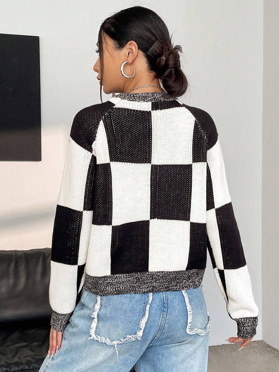 Checker & Floral Pattern Raglan Sleeve Knit Pullover Fall Winter Sweater
