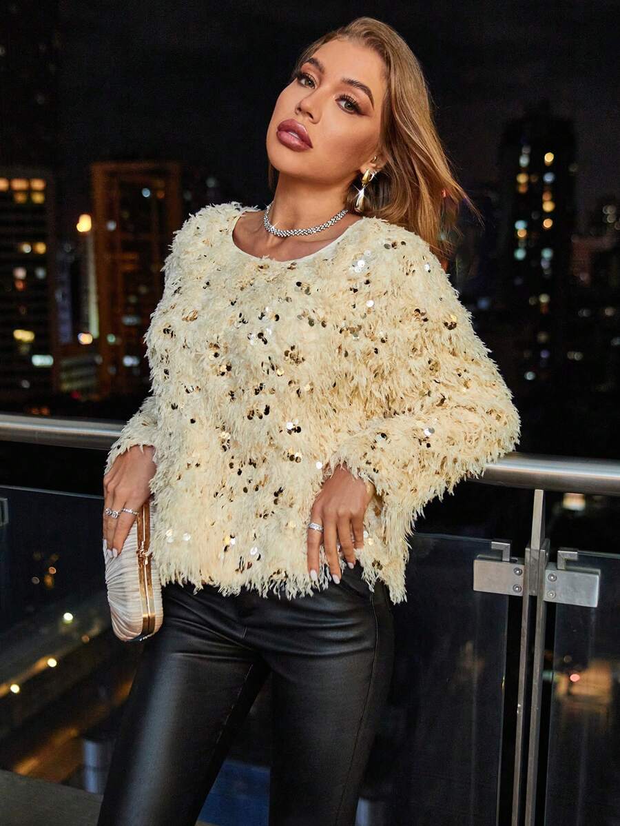 SHEIN BAE Thả vai Kim sa Đan mềm mại Áo len - Màu be - Xem 1