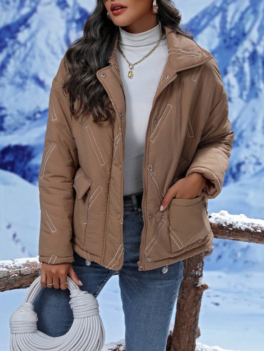 SHEIN LUNE Women's Geometric Embroidery Hooded Padded Padded Coat Clothes Winter Fall Cloth For Women - Brown - View 1
