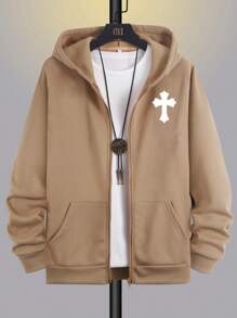 Manfinity Homme 男士1入組交叉印花拉鏈開襟加絨內裏連帽衫 - 卡其色 - 查看 2