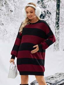 SHEIN Sukienka ciążowa z odkrytymi ramionami i kolorowym blokiem kolorów, na zimę - Wielokolorowe - Zobacz 5