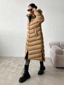 EURMUSE Màu thuần Dài Đệm Áo khoác Với Frayed Vòng cổ Cạnh Đối với phụ nữ - Lạc đà - Xem 4