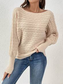 SHEIN Frenchy Pullover mit U-Boot Ausschnitt, Fledermausärmeln, Zopfstrick