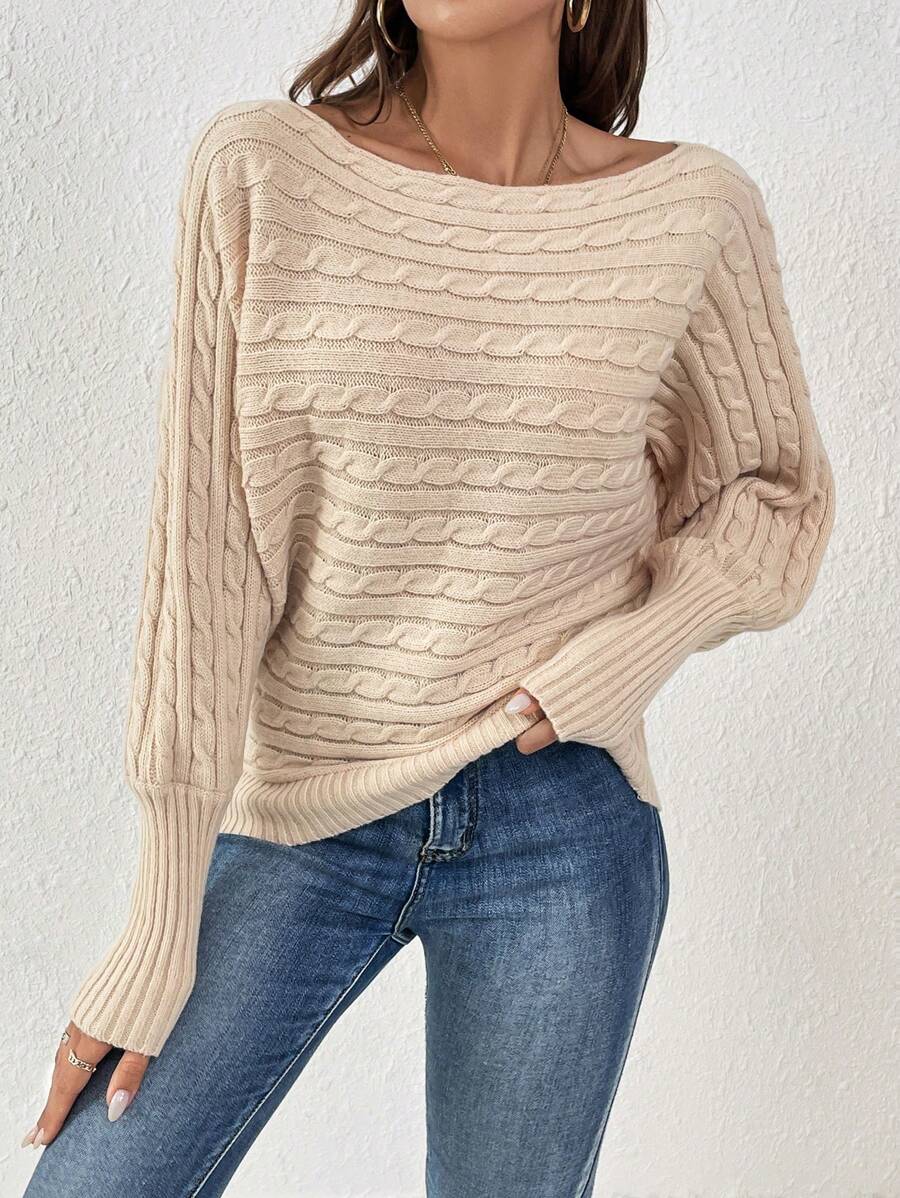 SHEIN Frenchy Pullover mit U-Boot Ausschnitt, Fledermausärmeln, Zopfstrick