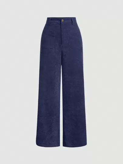 SHEIN MOD Solid Straight Leg Blue Patch Pocket Pants