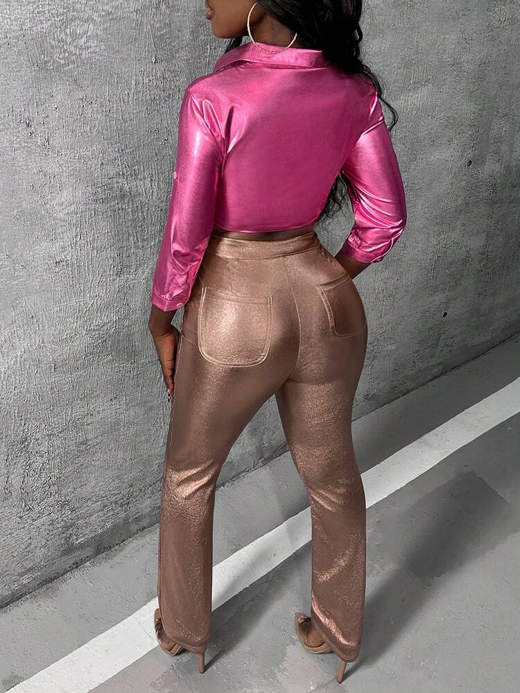 Button Front Crop Shirt & Metallic Pants